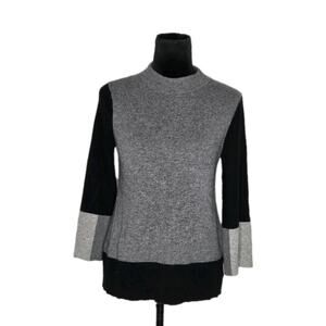 Kinross Cashmere Mock Neck Flared Sleeves Colorblock Sweater Gray Black Size M